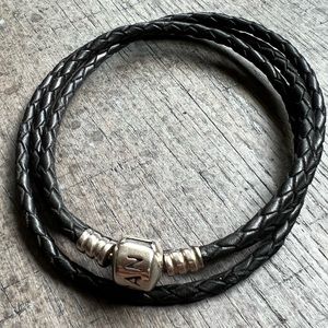 Pandora, triple wrap braided leather charm bracelet